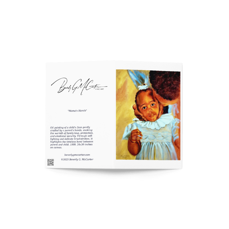 Set of 5 fine art greeting cards featuring Mama's Hands oil by Beverly G. McCarter, child's face cradled in parental hands evoking nurturing.