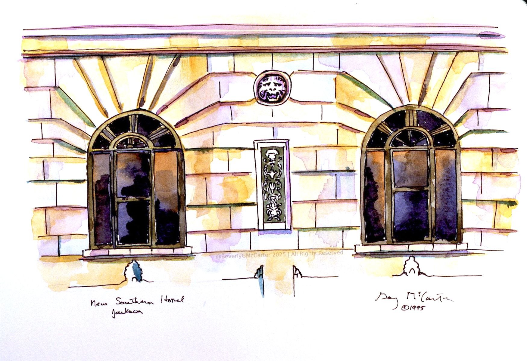 New Southern Hotel watercolor by Beverly G. McCarter, evoking Jackson TN hotel's windows and ornament in transitional spaces, 1995, 11x14 inches.
