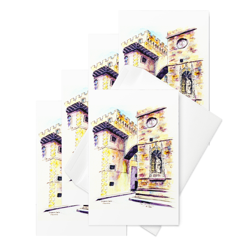 “Orsanmichele” 1994 watercolor by Beverly G. McCarter – Florence's Gothic tower and statue niches guarding Renaissance secrets, set of 5 Fine Art Note Cards.