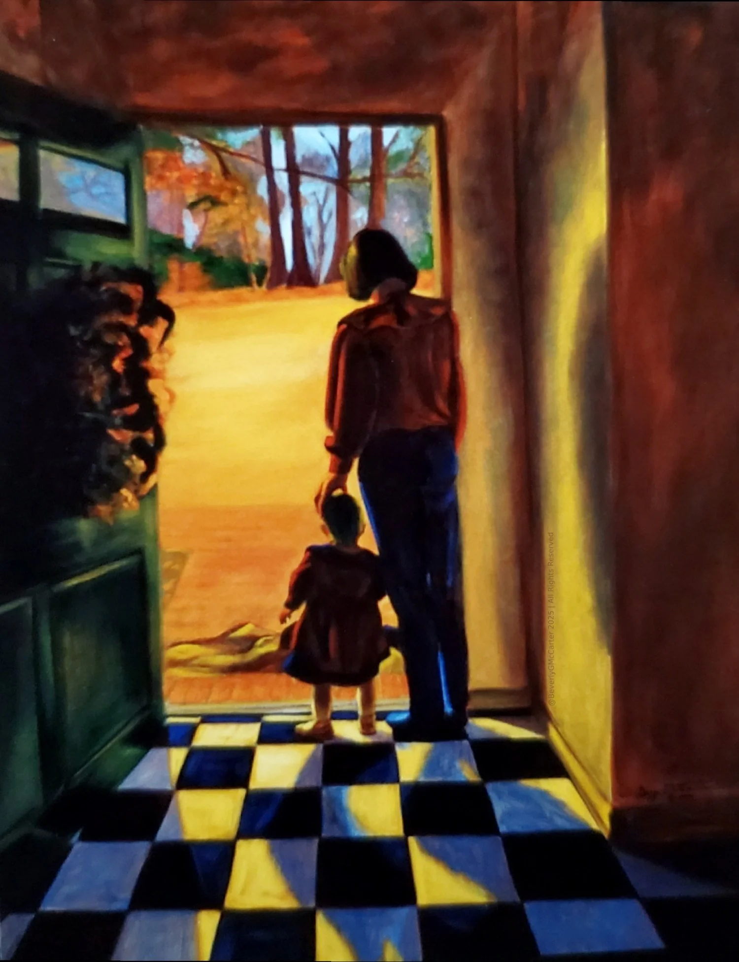 "The Delivery" oil painting by Beverly G. McCarter, mother and child in doorway gazing at landscape, 18x24 inches on canvas.