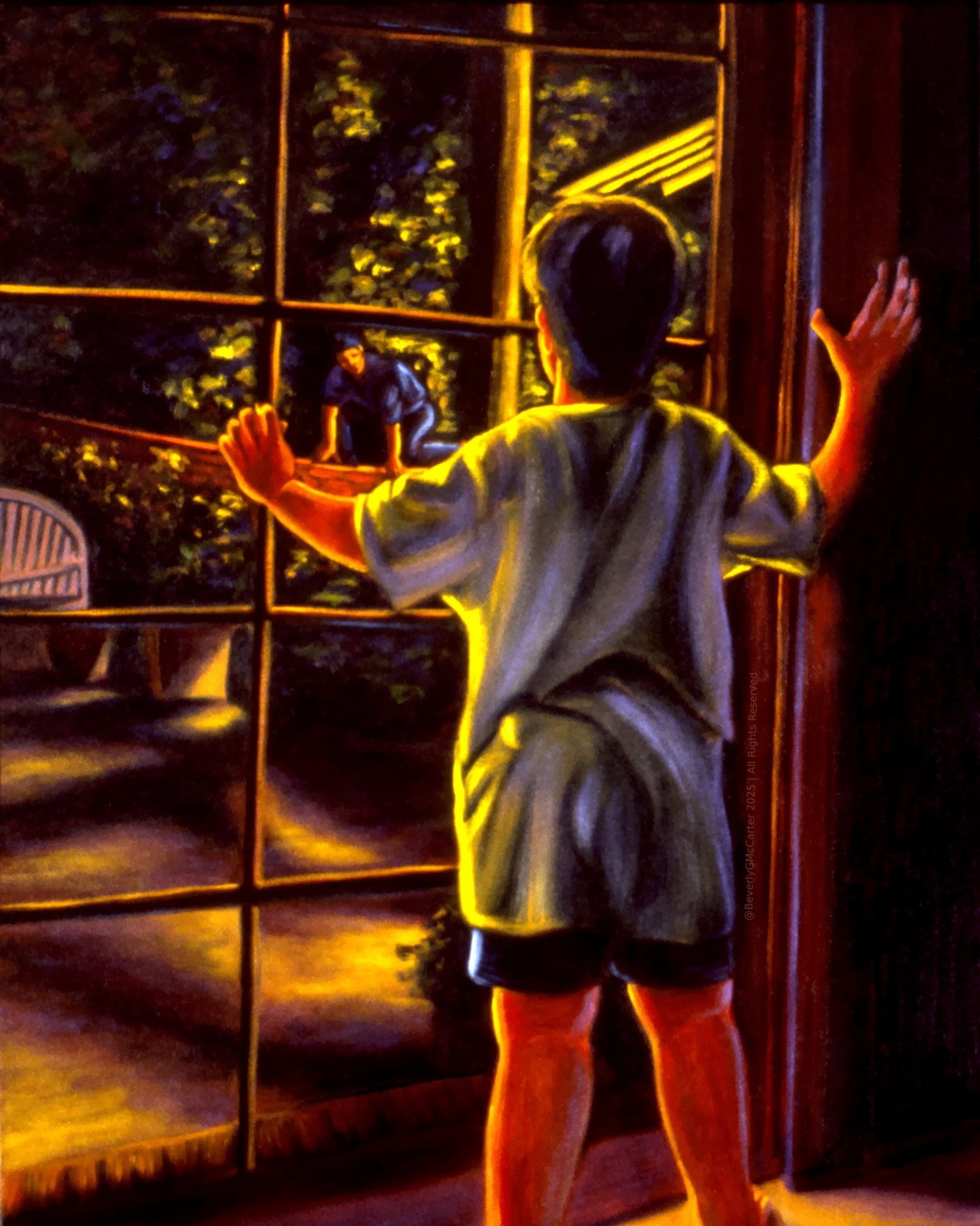 "Night Intruder" oil painting by Beverly G. McCarter, boy at window watching man climb wall into garden night, evoking curiosity, 1995, 24x30 inches on canvas.