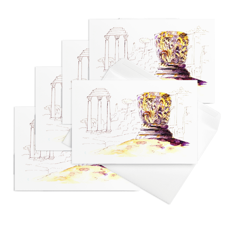 “Roman Forum Temple of Castor and Pollux” 1994 watercolor by Beverly G. McCarter – majestic columns and fallen capital echoing empires in stone, set of 5 Fine Art Note Cards.