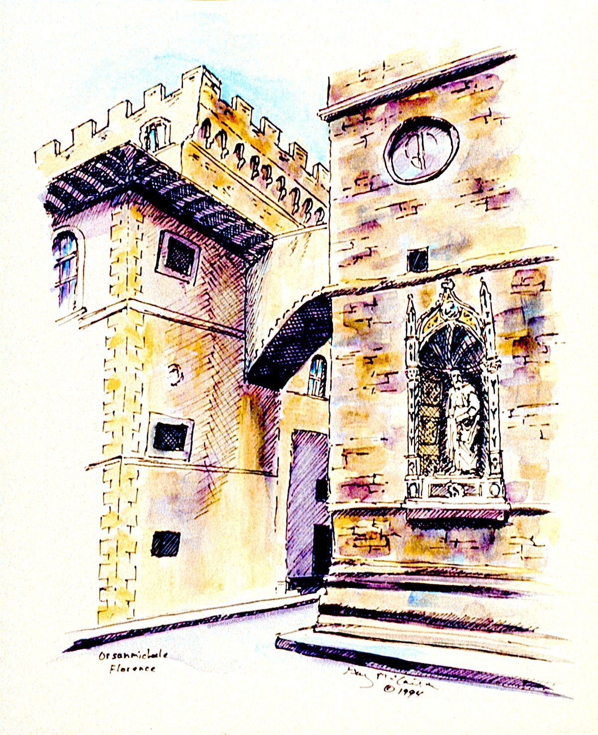 Orsanmichele watercolor sketch by Beverly G. McCarter, depicting Florence's Gothic church tower, statue niche, and Renaissance sculptures, 1994, 14x11 inches.