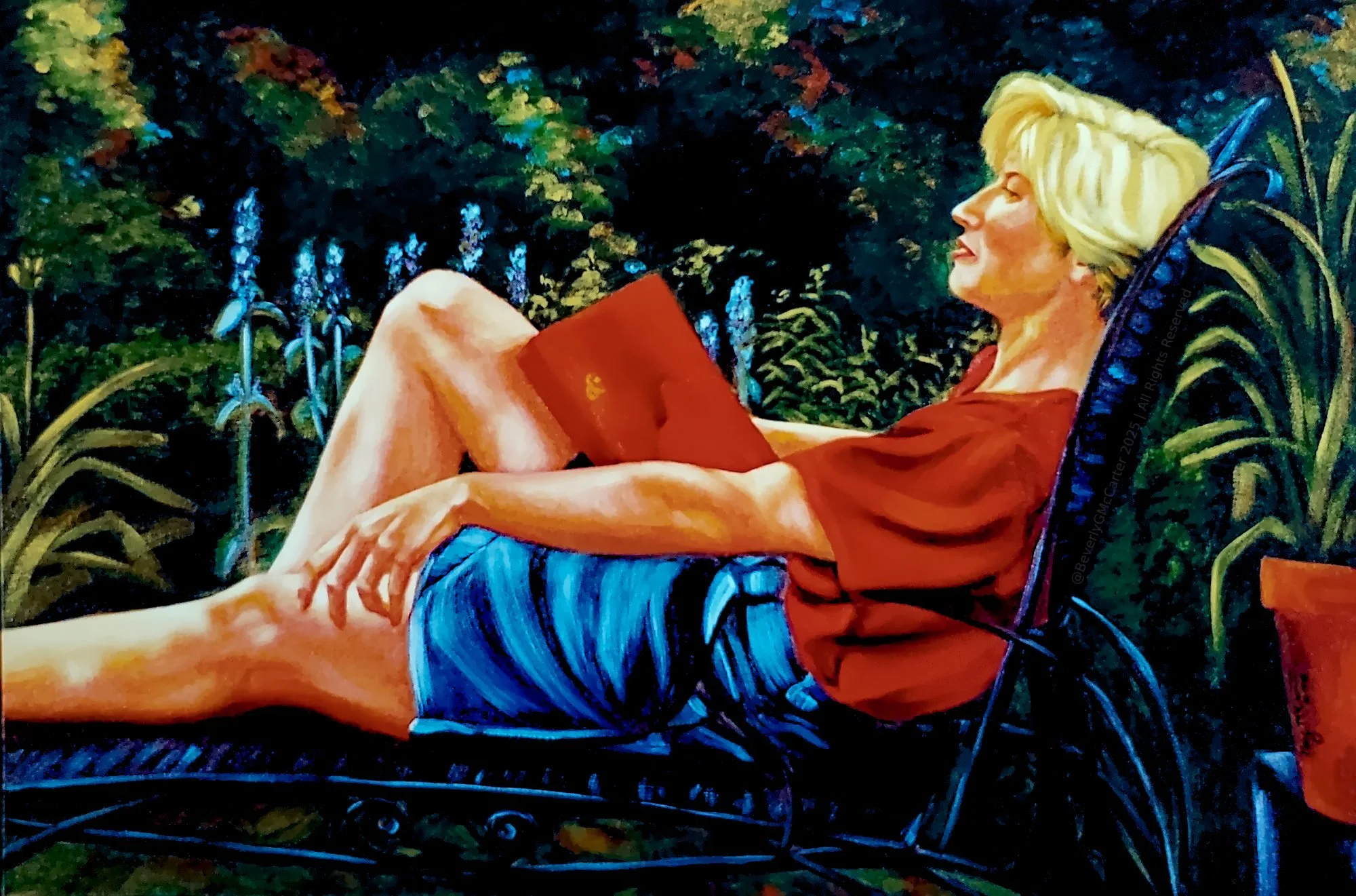 "The Young Crone" oil painting by Beverly G. McCarter, young woman reclining outdoors with book in lap deep in thought amid greenery, symbolizing introspection, 1995, 24x36 inches on canvas.
