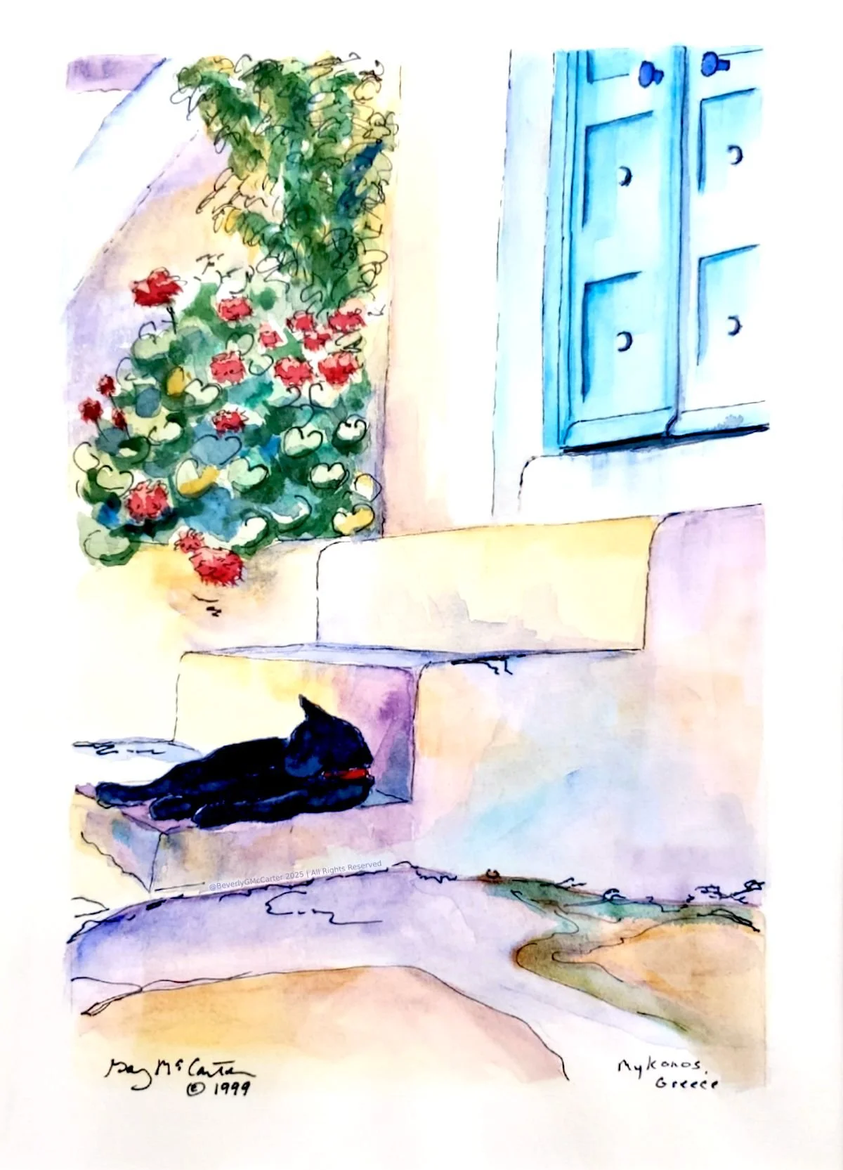 Greek Island Cat watercolor by Beverly G. McCarter, black cat lounging on whitewashed steps with geraniums and blue doors, 1999, 14x11 inches.