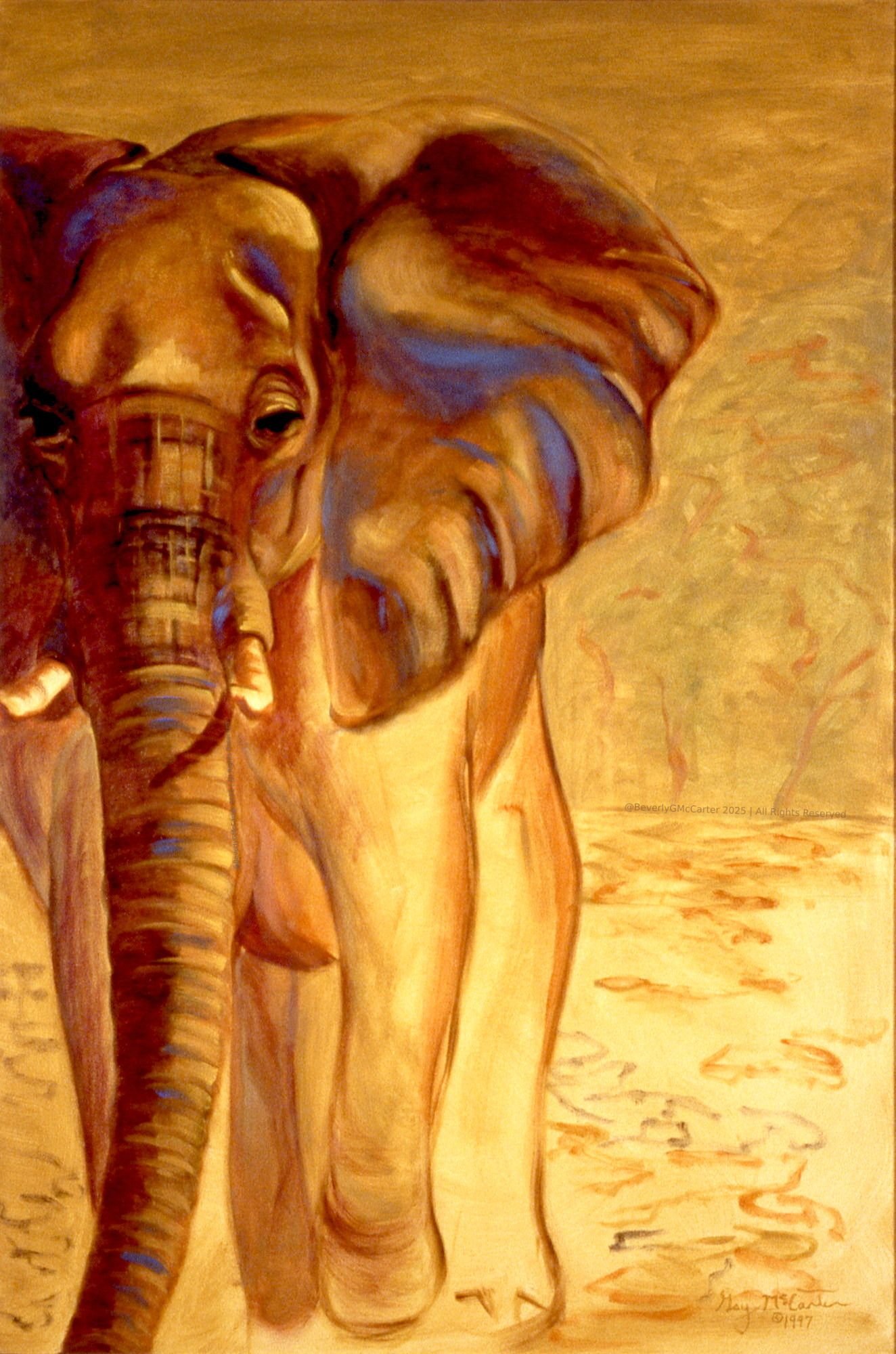 Almost Gone oil painting by Beverly G. McCarter, figurative elephant symbolizing endangered connections and vulnerability, 1997, 24 x 36 inches on canvas.