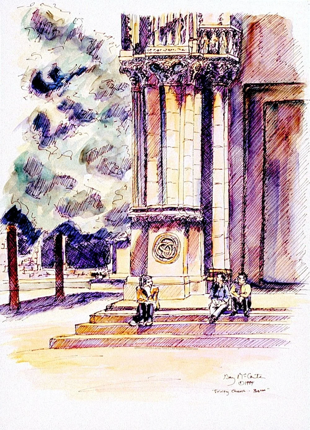 Trinity Church in Boston watercolor by Beverly G. McCarter, figures in repose against urban architecture exploring solitude, 1994, 14x11 inches.