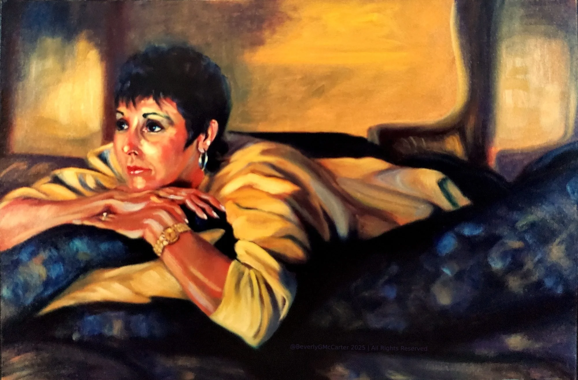 Sunday Afternoon oil painting by Beverly G. McCarter, reclining woman in thoughtful pose, evoking quiet contemplation, 36x24 inches on canvas.