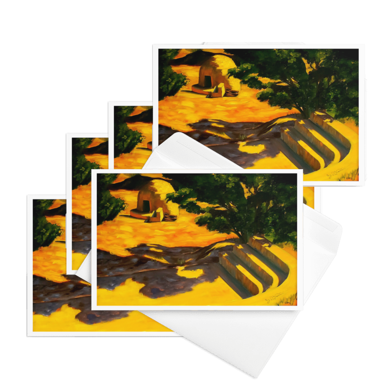 “Mergence of Time” 1993 oil by Beverly G. McCarter – Native American clay oven amid terraced steps in golden light, ancient harmony, set of 5 Fine Art Note Cards.