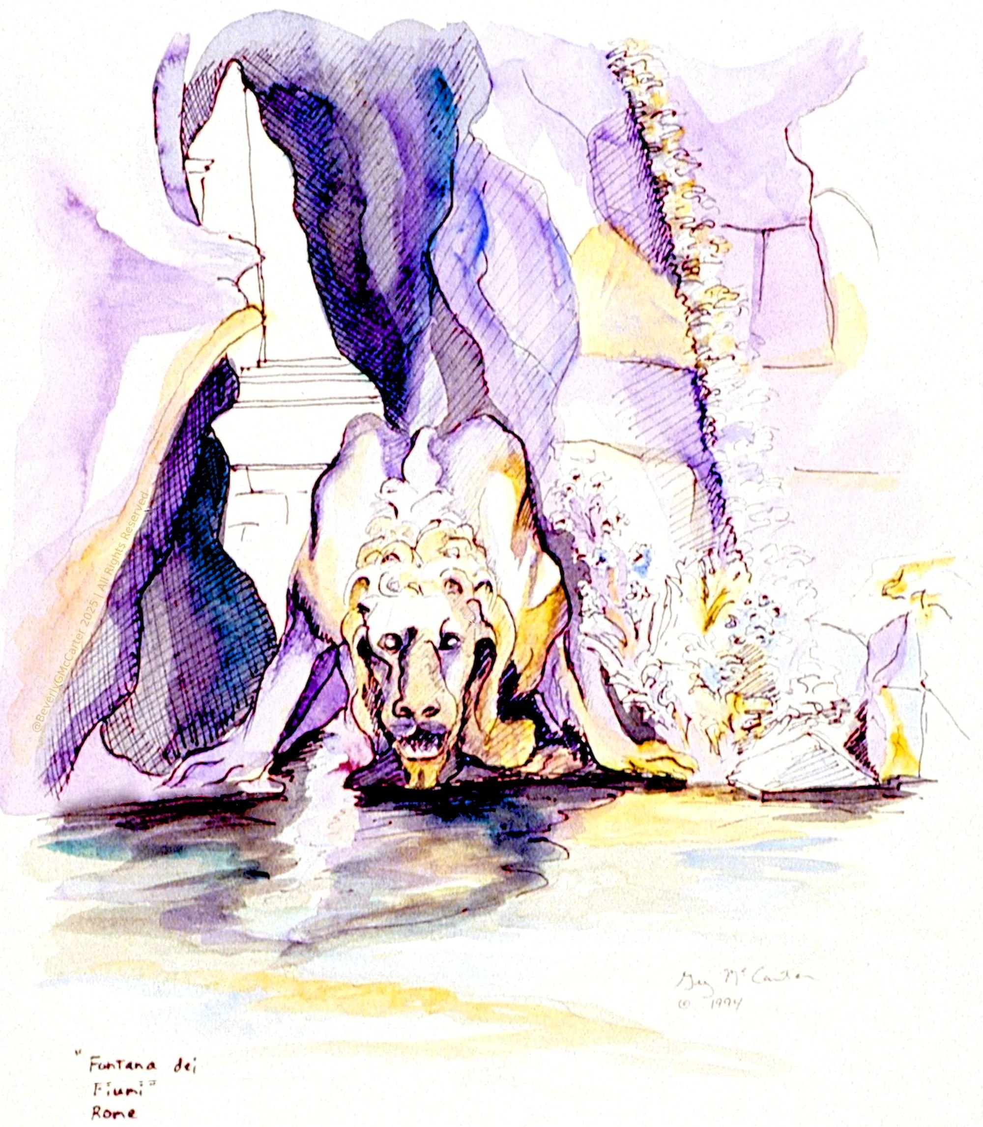 Fontana dei Fiumi watercolor sketch by Beverly G. McCarter, capturing Rome's Piazza Navona fountain with dynamic water and sculpture interplay, evoking human transition, 1995, 14x11 inches.