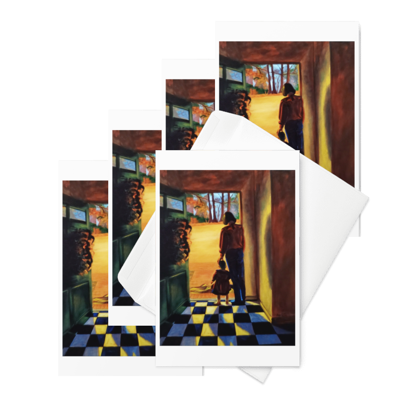 “The Delivery” 1999 oil by Beverly G. McCarter – mother and child at glowing doorway gazing at landscape, anticipation at thresholds, set of 5 Fine Art Note Cards.