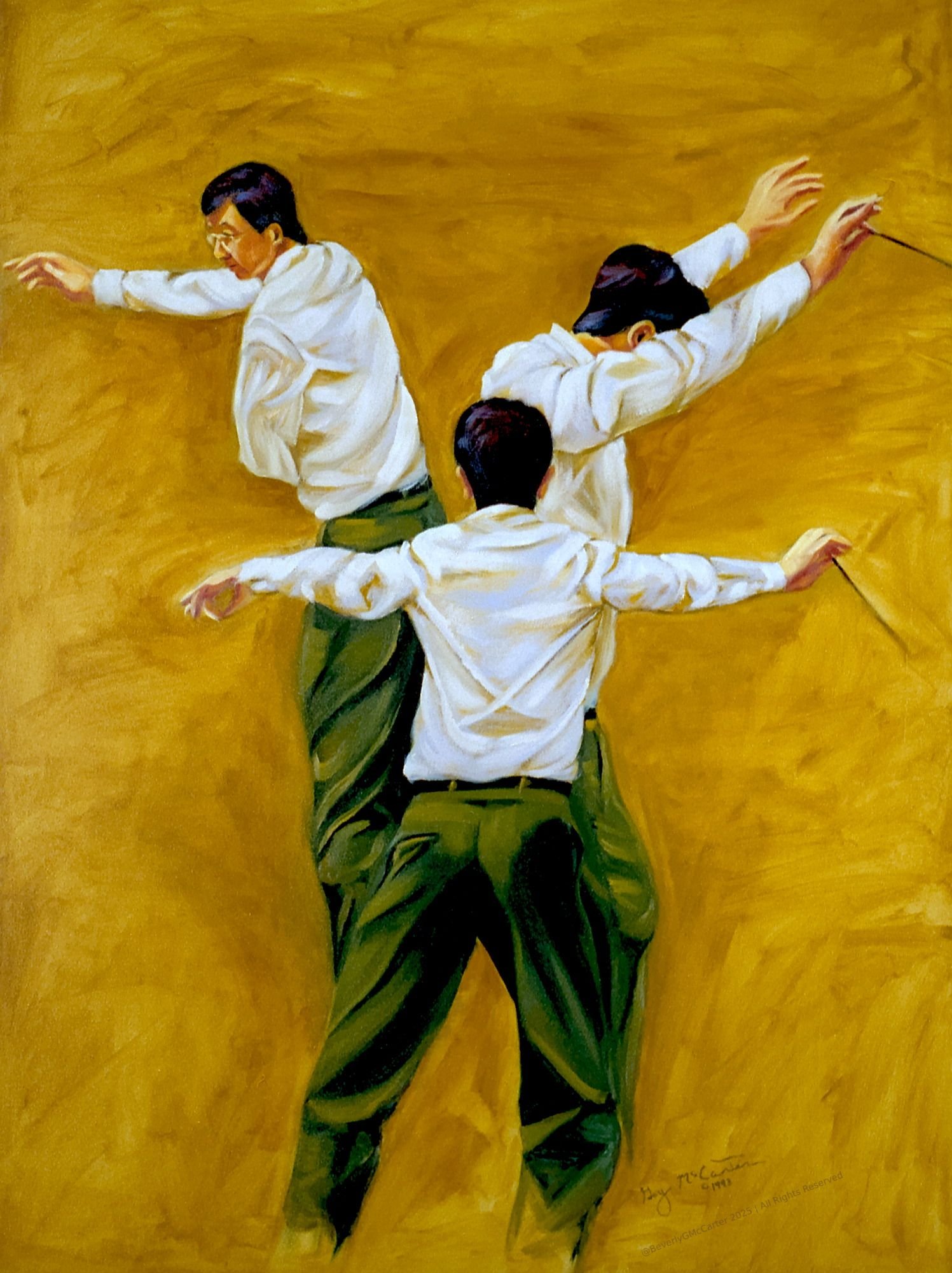 Making it Work oil painting by Beverly G. McCarter, overlapping conductor figures in motion, depicting orchestrated effort, 30x40 inches on canvas.