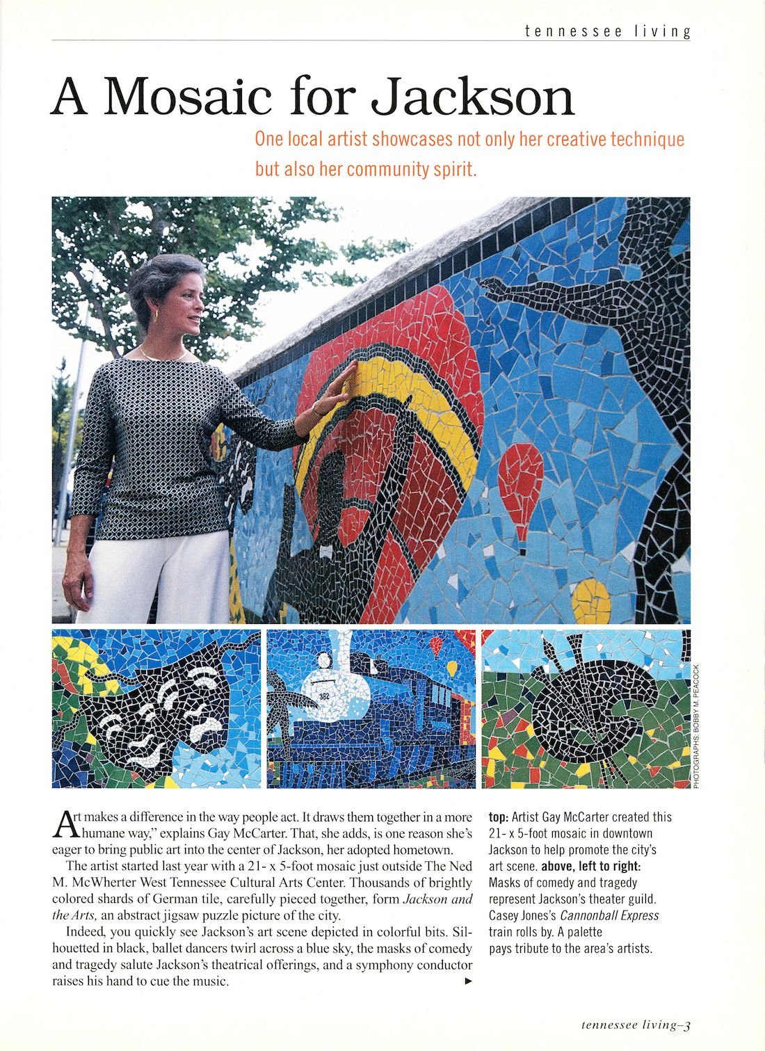 Title page from Southern Living magazine's "A Mosaic for Jackson" article in February 2002, showcasing artist Beverly G. McCarter's 21x4-foot community mosaic mural at the Ned R. McWherter West Tennessee Cultural Arts Center.