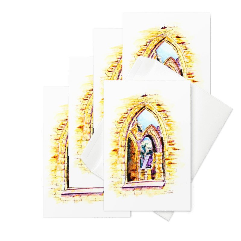 “Tintern Abbey” 1994 watercolor by Beverly G. McCarter – sunlit Gothic arches and ivy-clad ruins in gentle harmony, set of 5 Fine Art Note Cards.