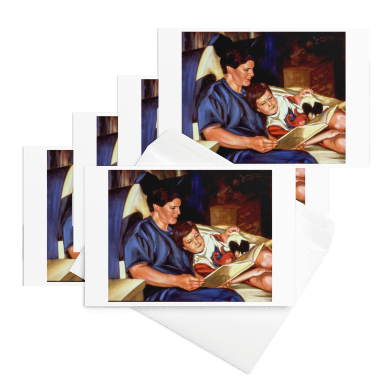 “Story Time” 1995 oil by Beverly G. McCarter – father reading to son in bed with soft light, generational bonds, set of 5 Fine Art Note Cards.