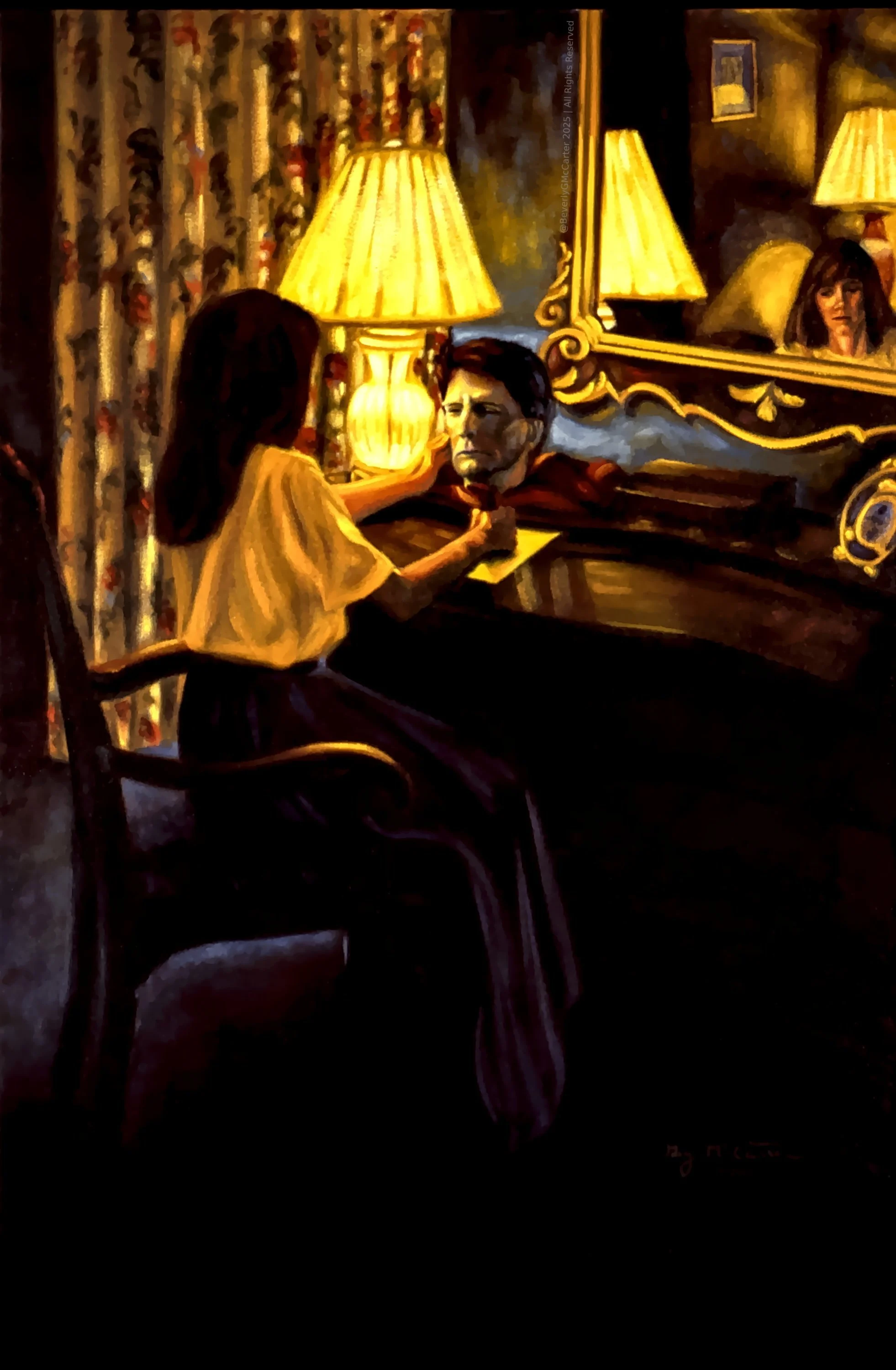Promises Kept oil painting by Beverly G. McCarter, dramatic scene from Queen Margot with woman and lover's head in mirror, exploring grief, 24x36 inches on canvas.