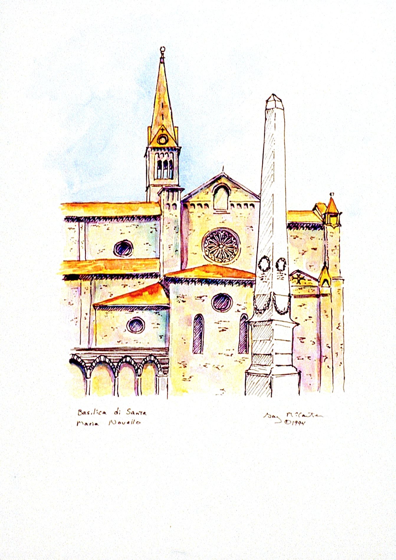 Basilica di Santa Maria Novella watercolor by Beverly G. McCarter, interplay of spire and obelisk in Florence's historic church, 1994, 14x11 inches.