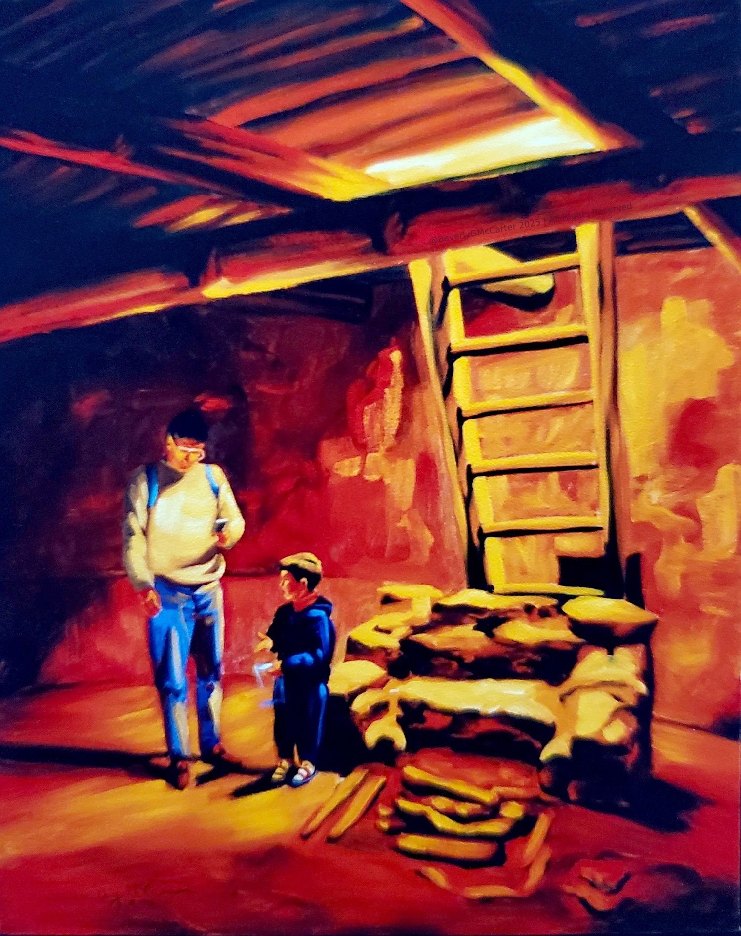 The Kiva oil painting by Beverly G. McCarter, father and son in Native American kiva discussing culture, 18x24 inches on canvas.