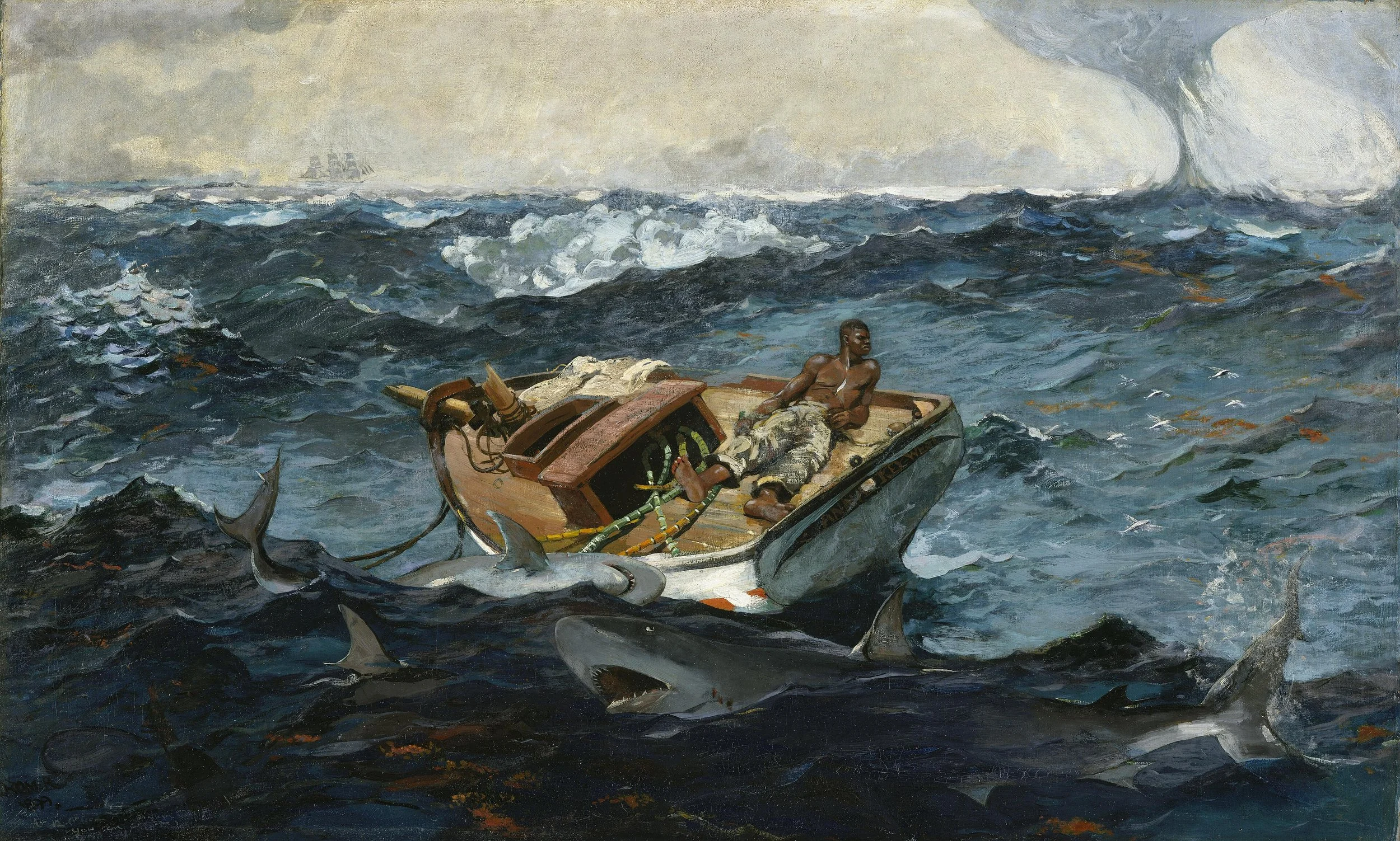 Winslow Homer's painting The Gulf Stream, depicting a Black man adrift in a small boat surrounded by sharks in stormy ocean waves, dramatic blues and greens.