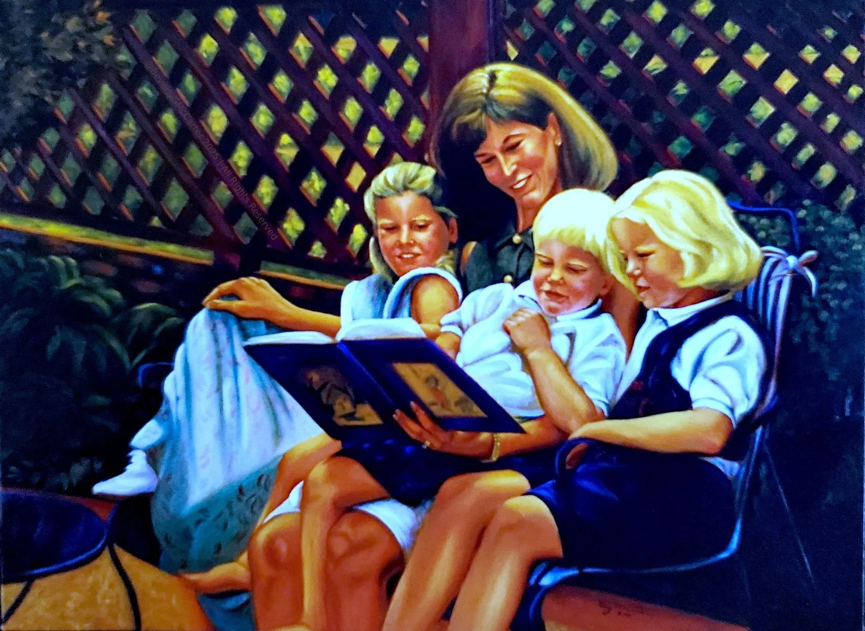 Together oil painting by Beverly G. McCarter, mother reading book to three children on outdoor bench, capturing familial bonds, 1994, 48x36 inches on canvas.