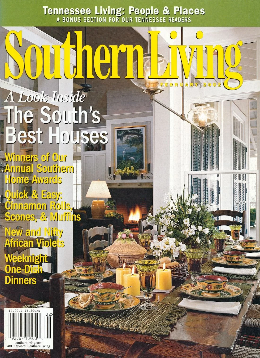 Cover of Southern Living magazine February 2002 issue featuring the South's best houses and a bonus Tennessee section highlighting artist Beverly G. McCarter's public mosaic mural in Jackson, TN.