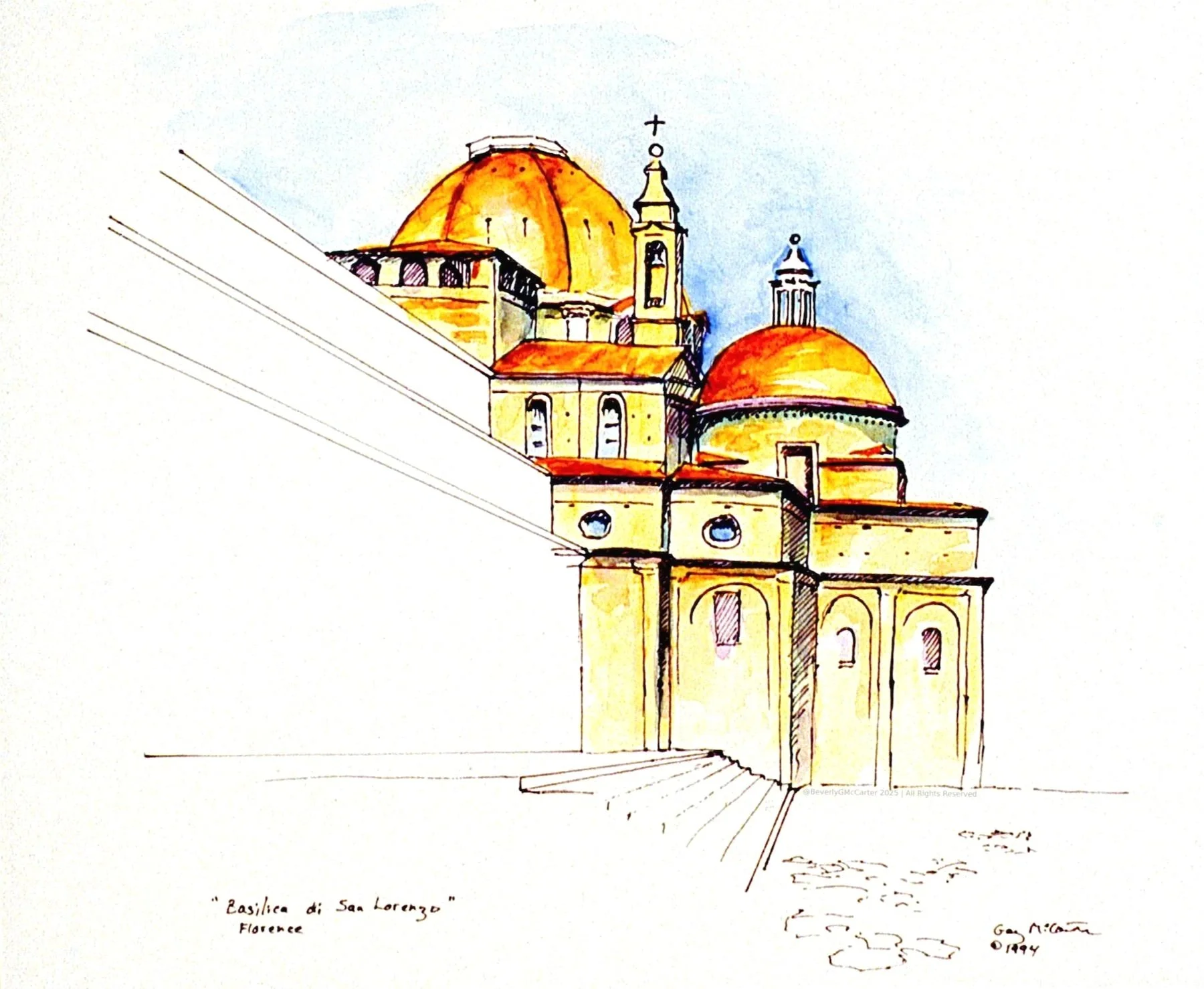 Basilica di San Lorenzo watercolor by Beverly G. McCarter, connecting to Florence's Renaissance emotional stories in domed architecture, 1994, 11x14 inches.