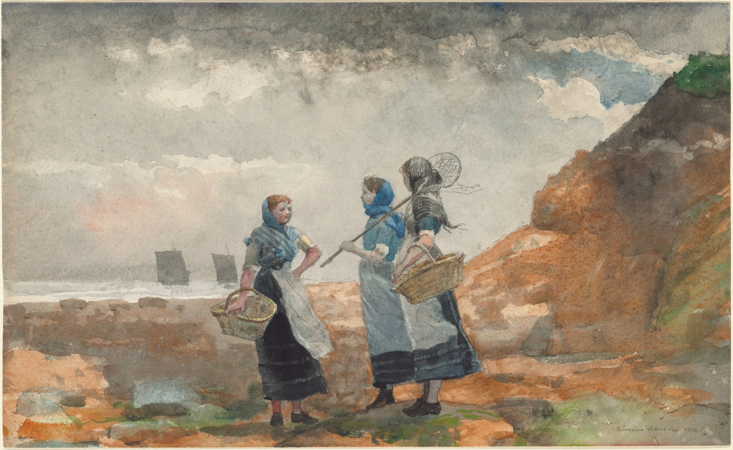 Winslow Homer's Three Fisher Girls, Tynemouth (1881) , watercolor on paper