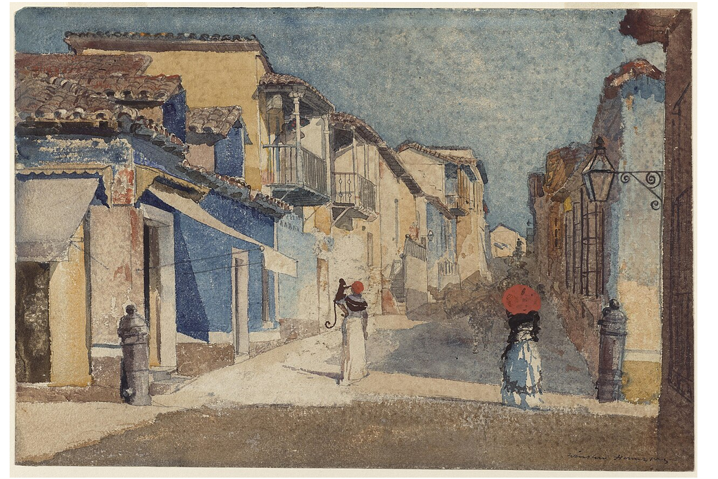 A watercolor painting by Winslow Homer depicting a narrow street in Santiago de Cuba, with colorful colonial buildings in shades of blue, yellow, and white lining the sides, two figures walking away under a pale blue sky.