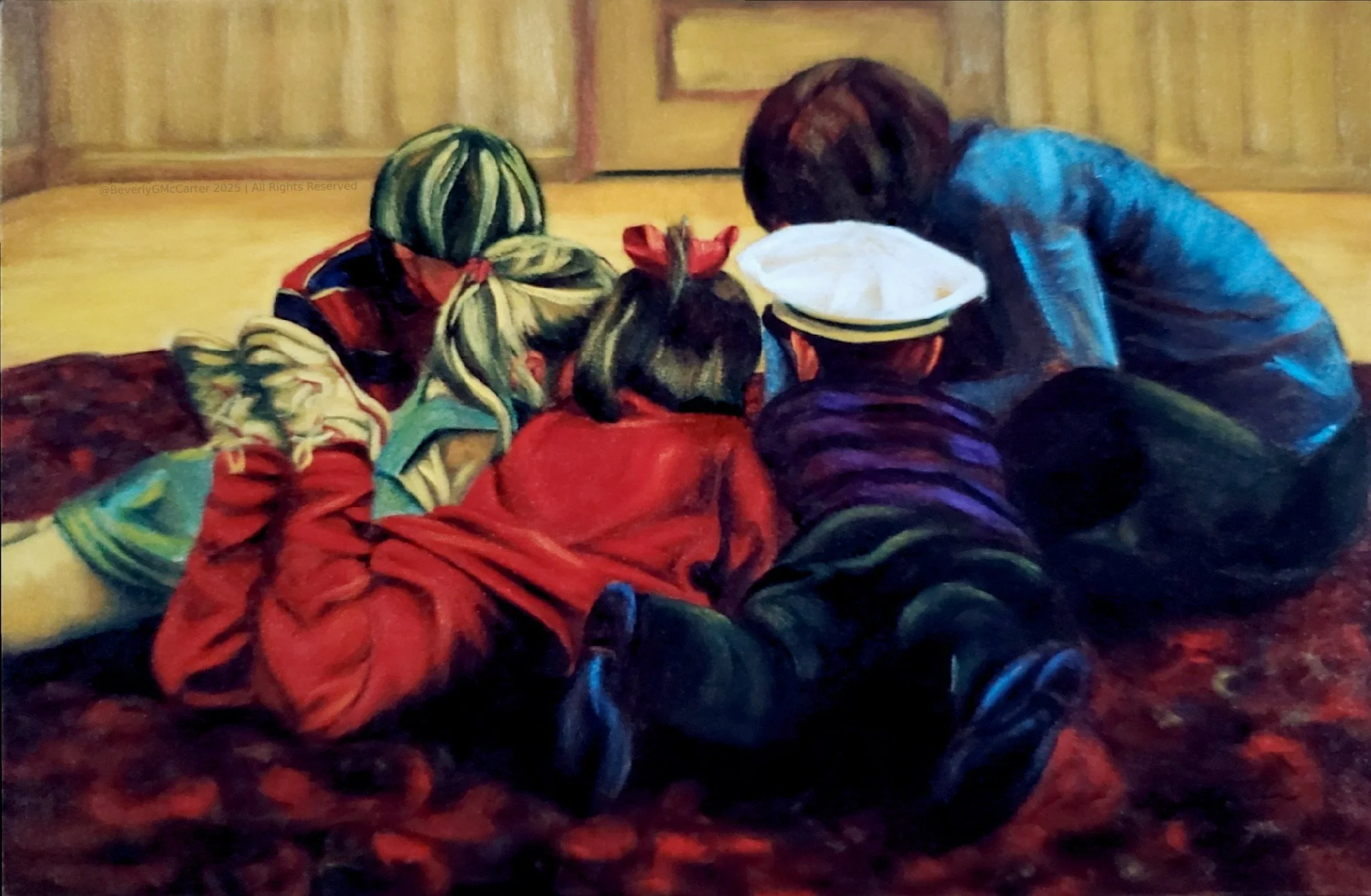 The Lesson oil painting by Beverly G. McCarter, group of children learning from teacher, exploring collective curiosity, 40x30 inches on canvas.