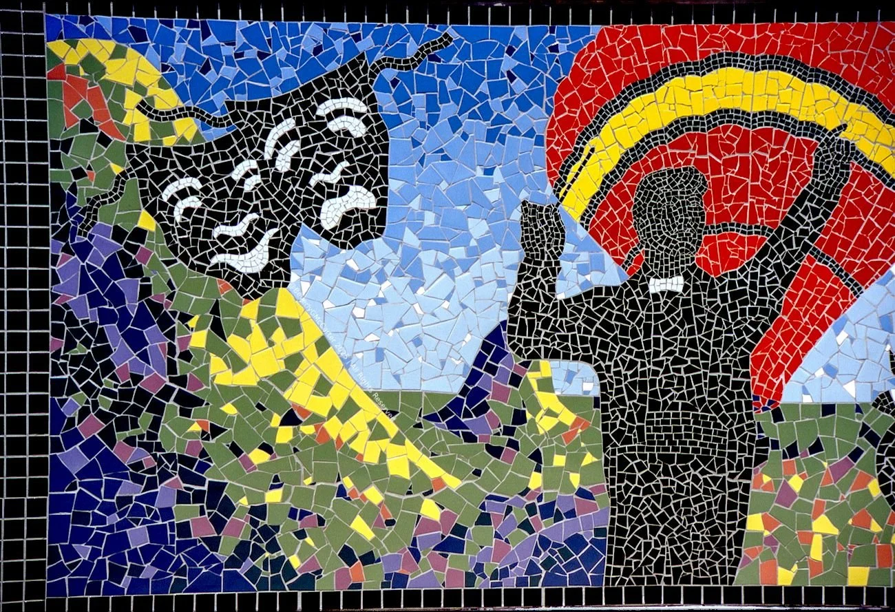 Jackson and the Arts detail left mosaic by Beverly G. McCarter, close-up of art groups and Jackson TN historic elements, 2000, 21x4 feet.
