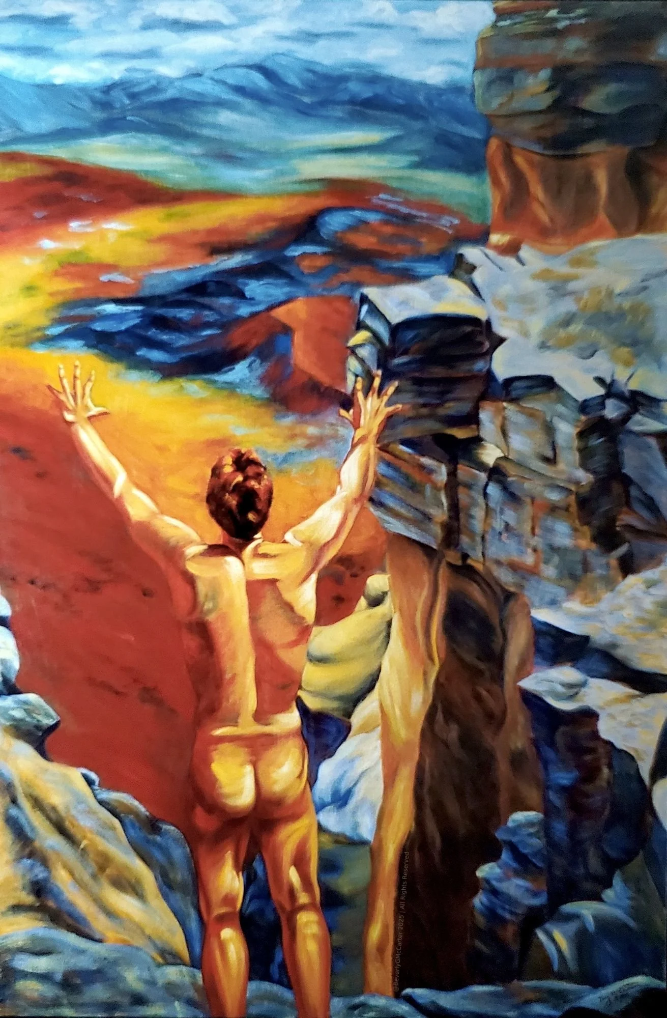 Assertion of Self oil painting by Beverly G. McCarter, nude figure triumphantly on mountaintop, symbolizing personal triumph, 48x72 inches on canvas.