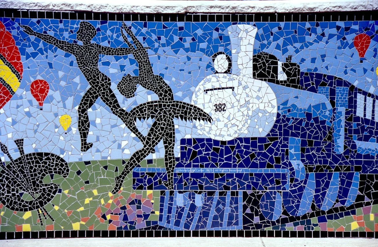 Jackson and the Arts detail middle mosaic by Beverly G. McCarter, central view of funded art groups and local icons, 2000, 21x4 feet.