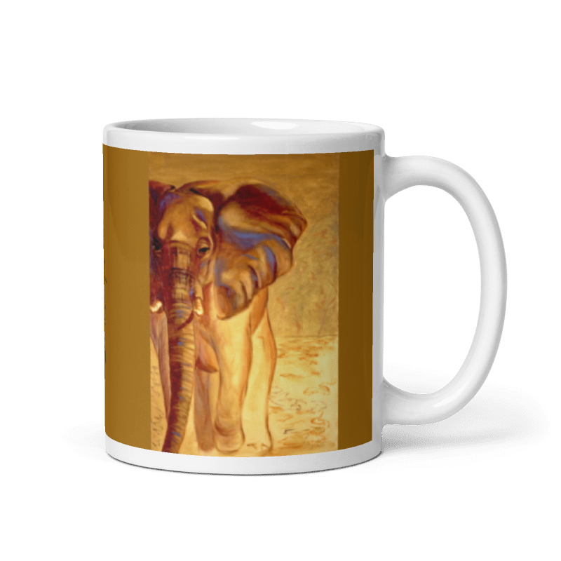 11 oz ceramic mug with Almost Gone oil wrap by Beverly G. McCarter, elephant in golden light on ochre background.