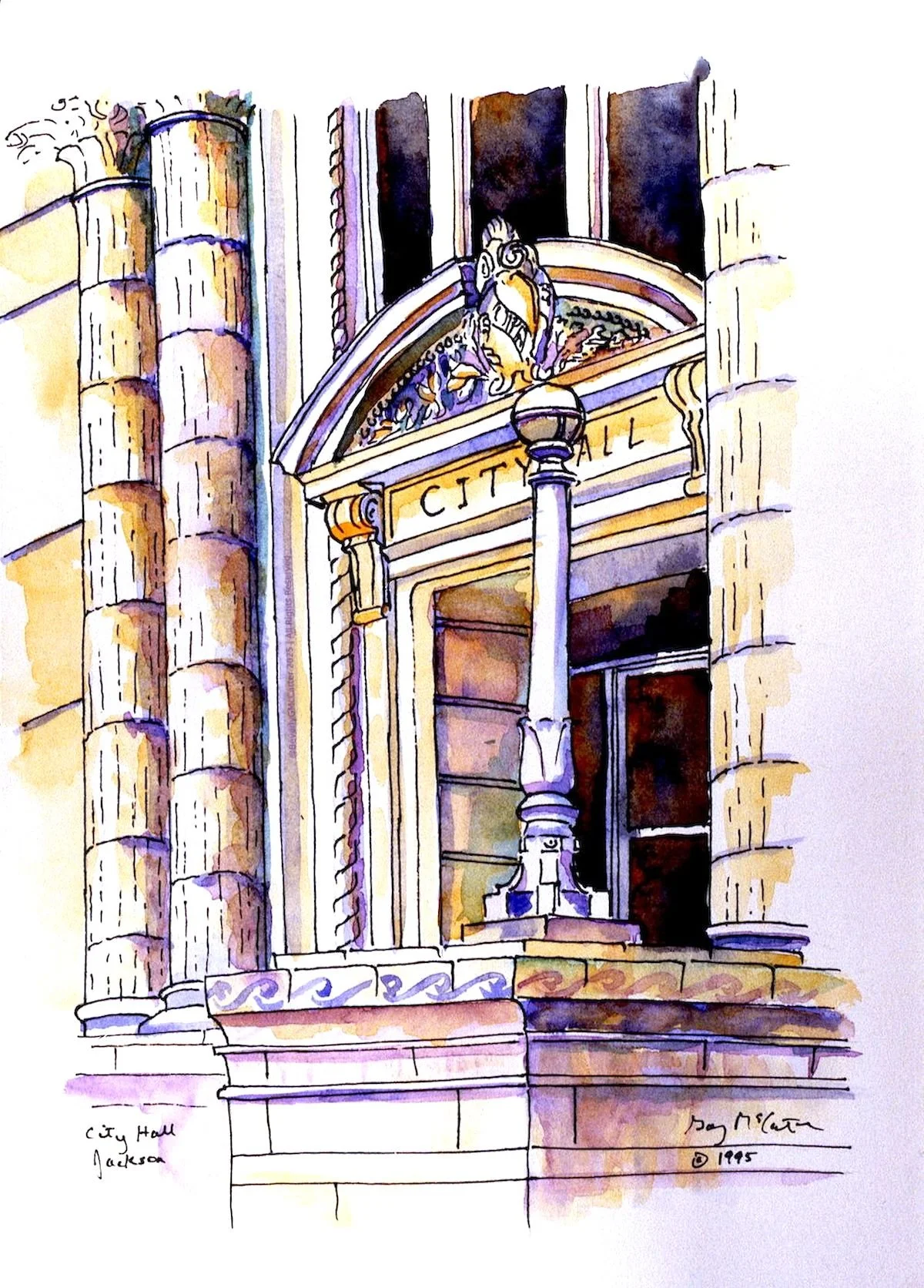 City Hall watercolor sketch by Beverly G. McCarter, ornate Art Deco entrance with columns and eagle emblem in Jackson TN, 1995, 14x11 inches.