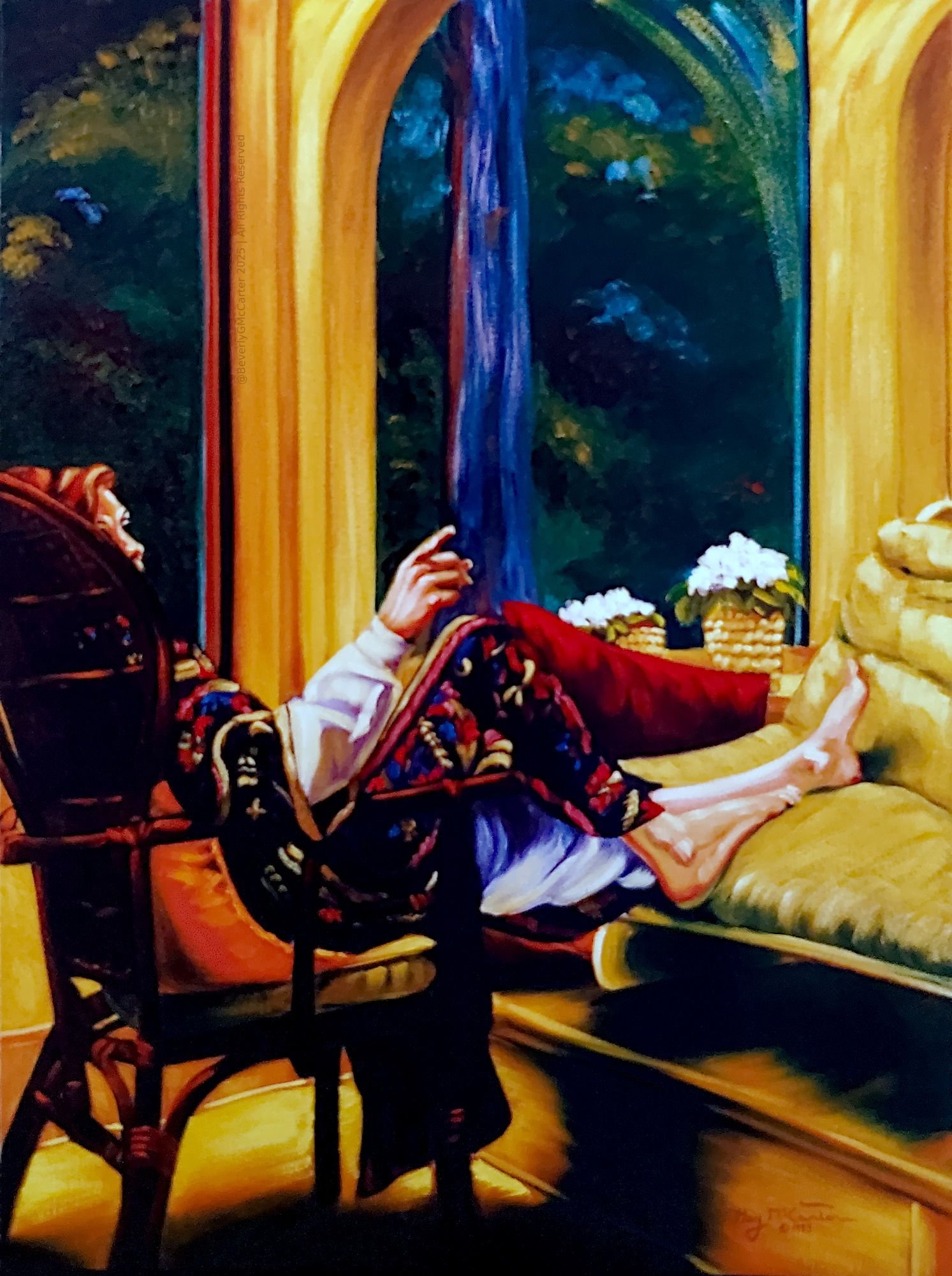 The Conversation oil painting by Beverly G. McCarter, half-hidden woman pointing in gesture by arched window with garden view, evoking unseen dialogue, 1993, 24x36 inches on canvas.
