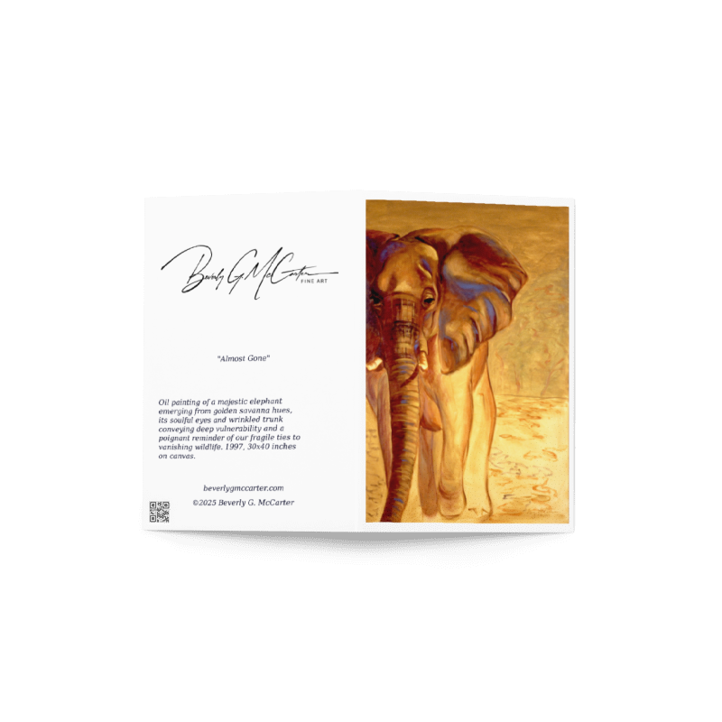 Set of 5 fine art greeting cards featuring Almost Gone oil by Beverly G. McCarter, solitary elephant in golden savanna evoking vulnerability.