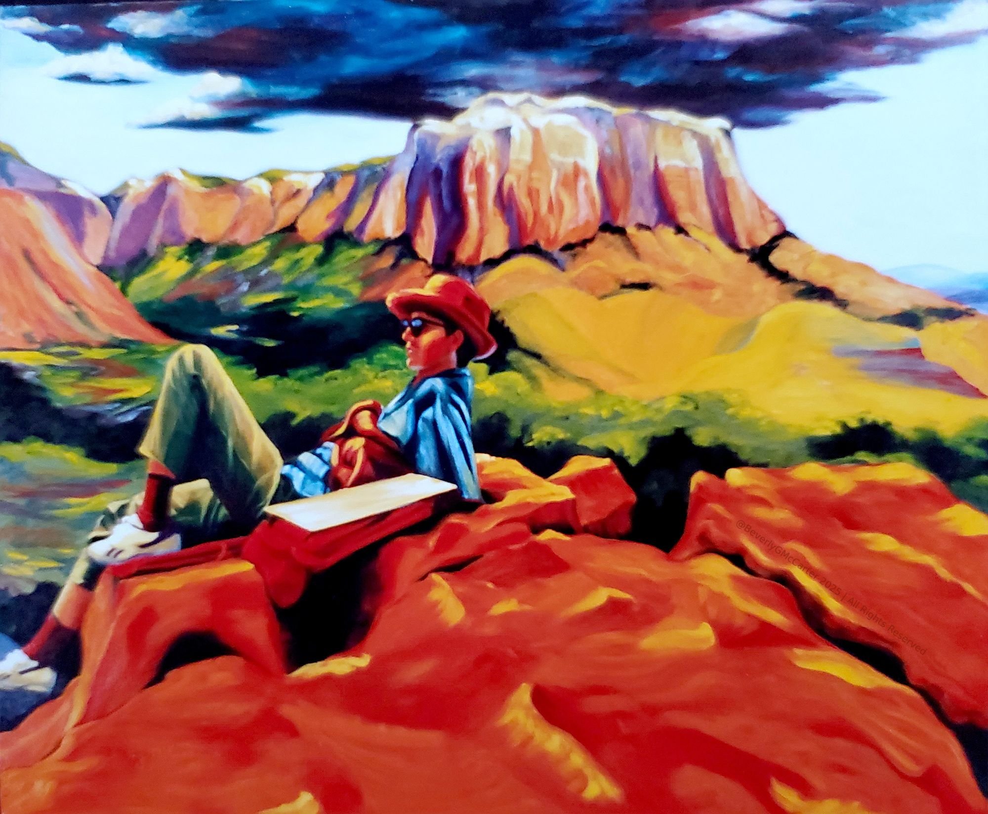 On the Edge oil painting by Beverly G. McCarter, woman on boulder overlooking New Mexico mesas, contemplating renewal, 60x72 inches on canvas.