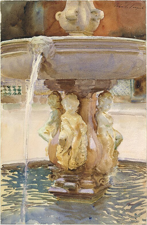 John Singer Sargent watercolor Spanish Fountain 1912, depicting a sunlit stone fountain with cascading water, cherub figures, and fluid washes of blues, greens, and warm tones in an elegant outdoor scene.