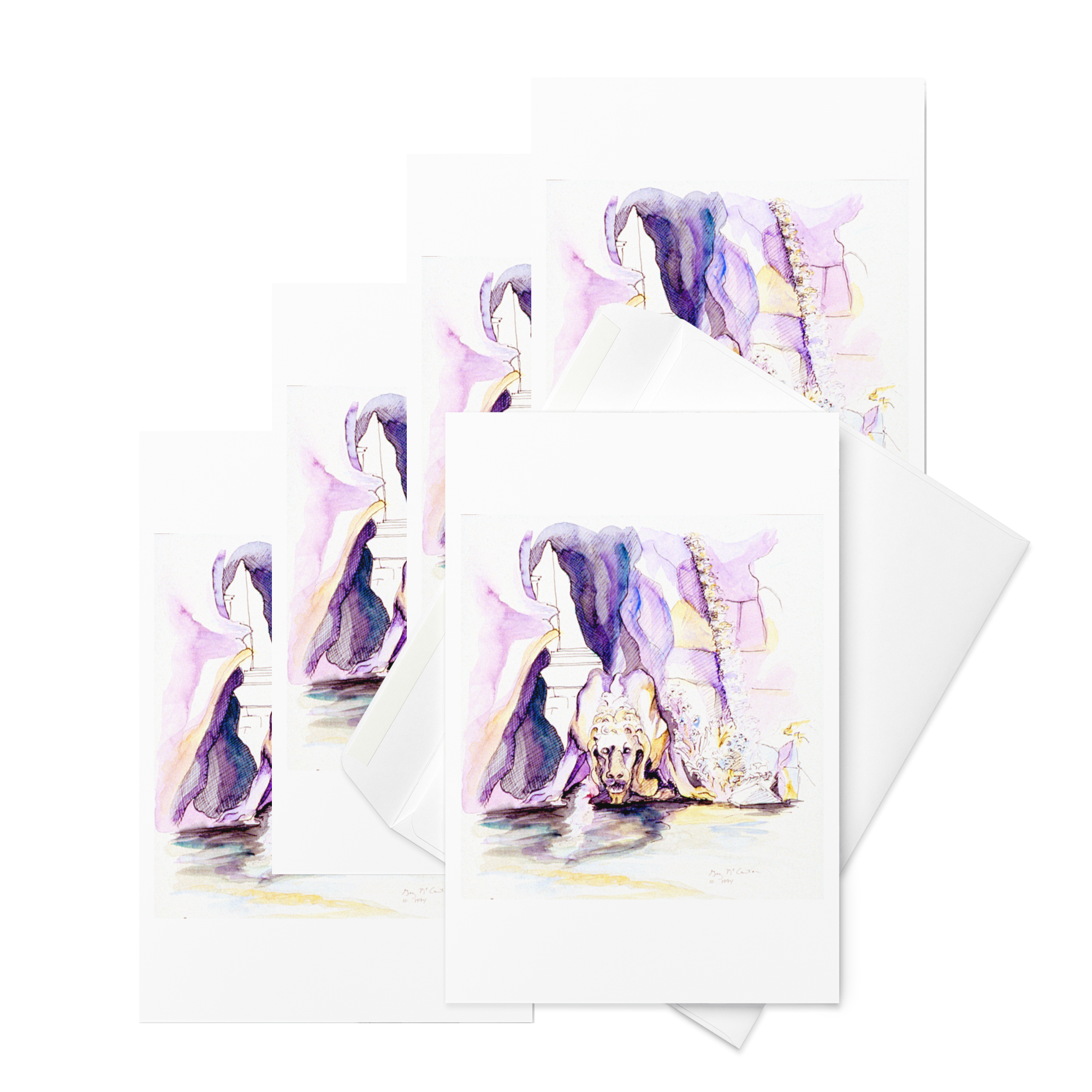 “Fontana dei Fiumi” 1995 watercolor by Beverly G. McCarter – Rome's iconic fountain with light on cascading water and sculptures, symbolizing life's fluid changes, set of 5 Fine Art Note Cards.
