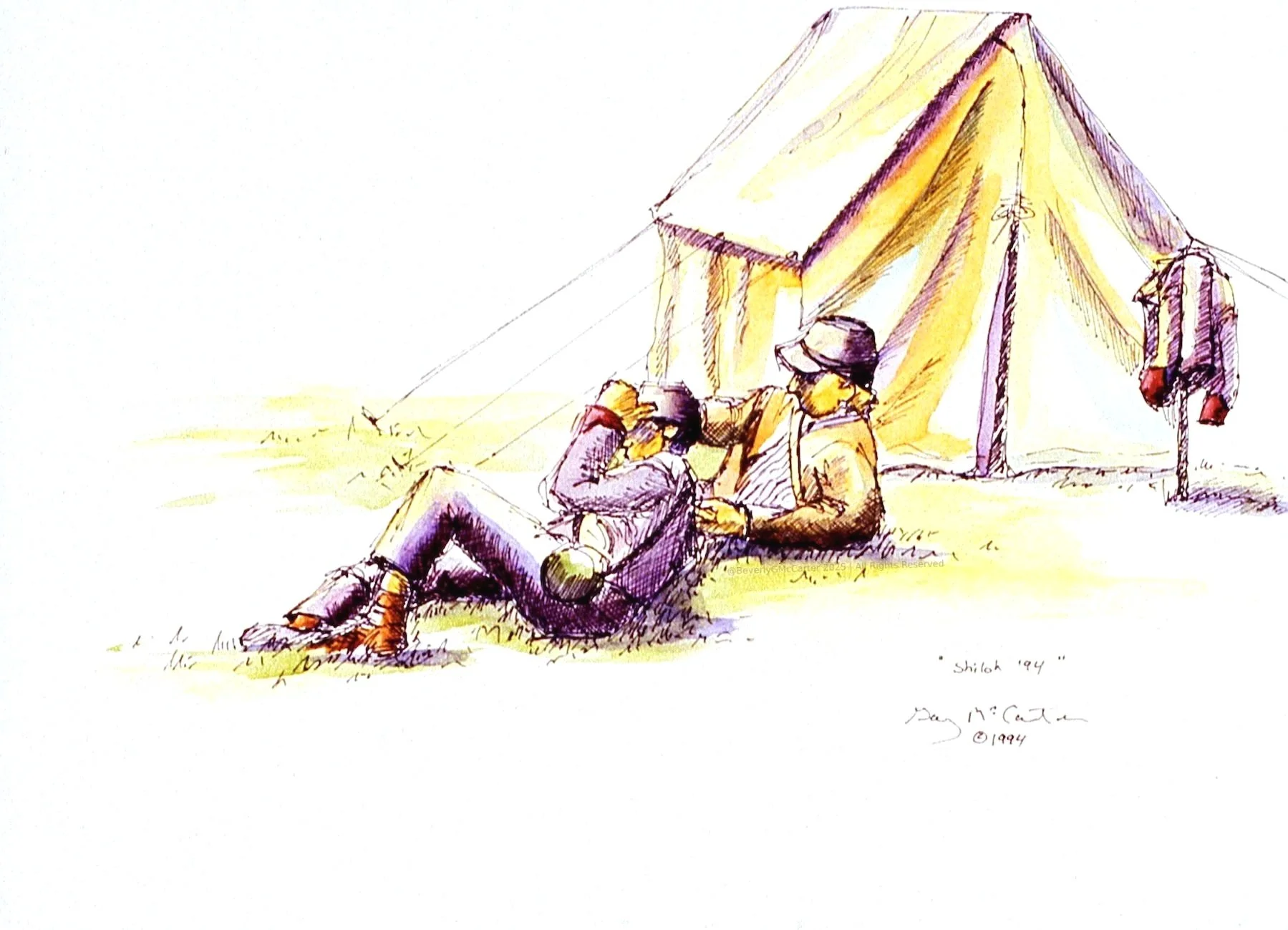 Battle of Shiloh Re-enactment watercolor sketch by Beverly G. McCarter, showing young Civil War re-enactors resting by tent at Shiloh Park TN, 1995, 11x14 inches.
