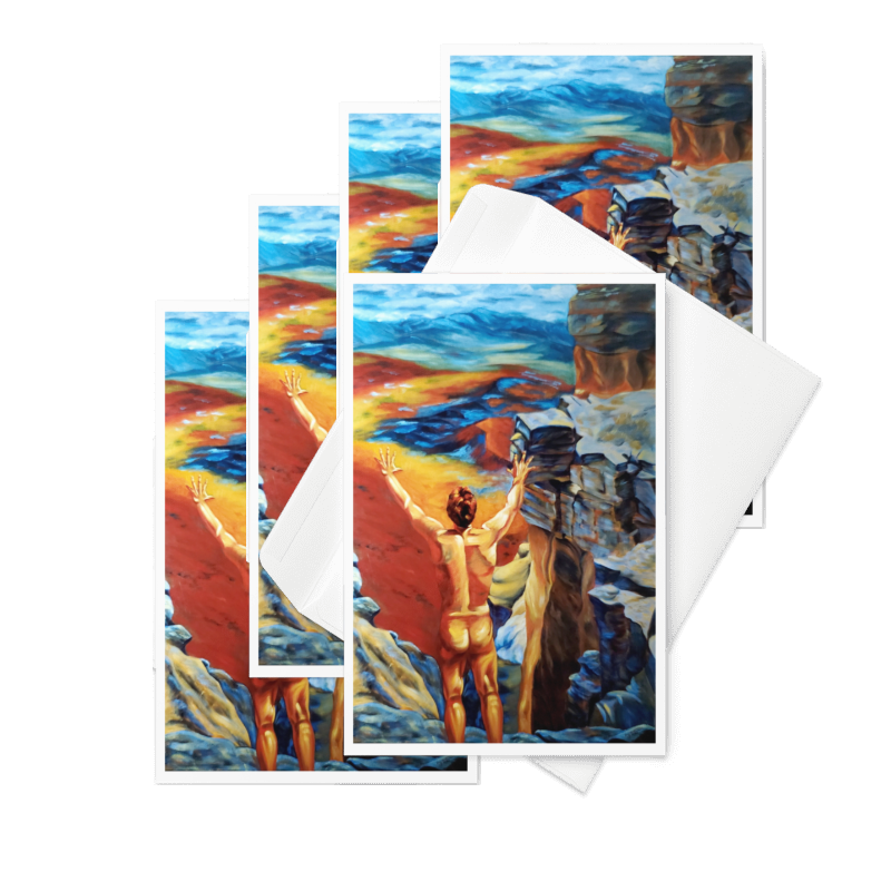 “Assertion of Self” 1993 oil by Beverly G. McCarter – nude figure triumphant on rugged peak arms raised (Atlas Shrugged inspired), set of 5 Fine Art Note Cards.