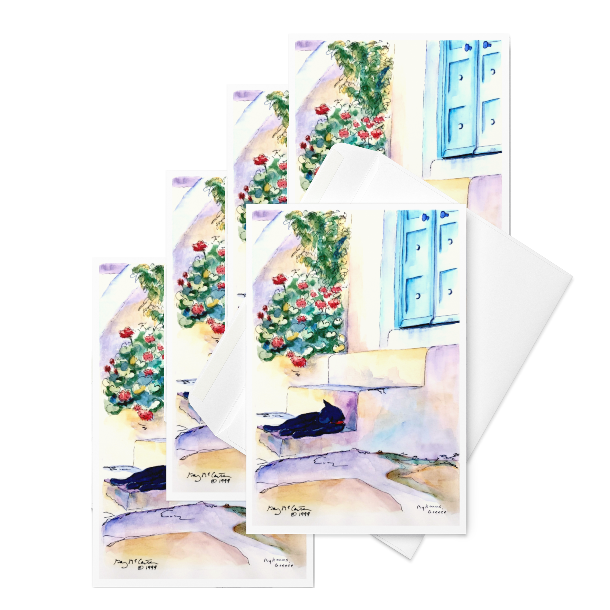 “Greek Island Cat” 1999 watercolor by Beverly G. McCarter – black cat on sun-warmed steps with geraniums and blue doors, Mediterranean serenity, set of 5 Fine Art Note Cards.