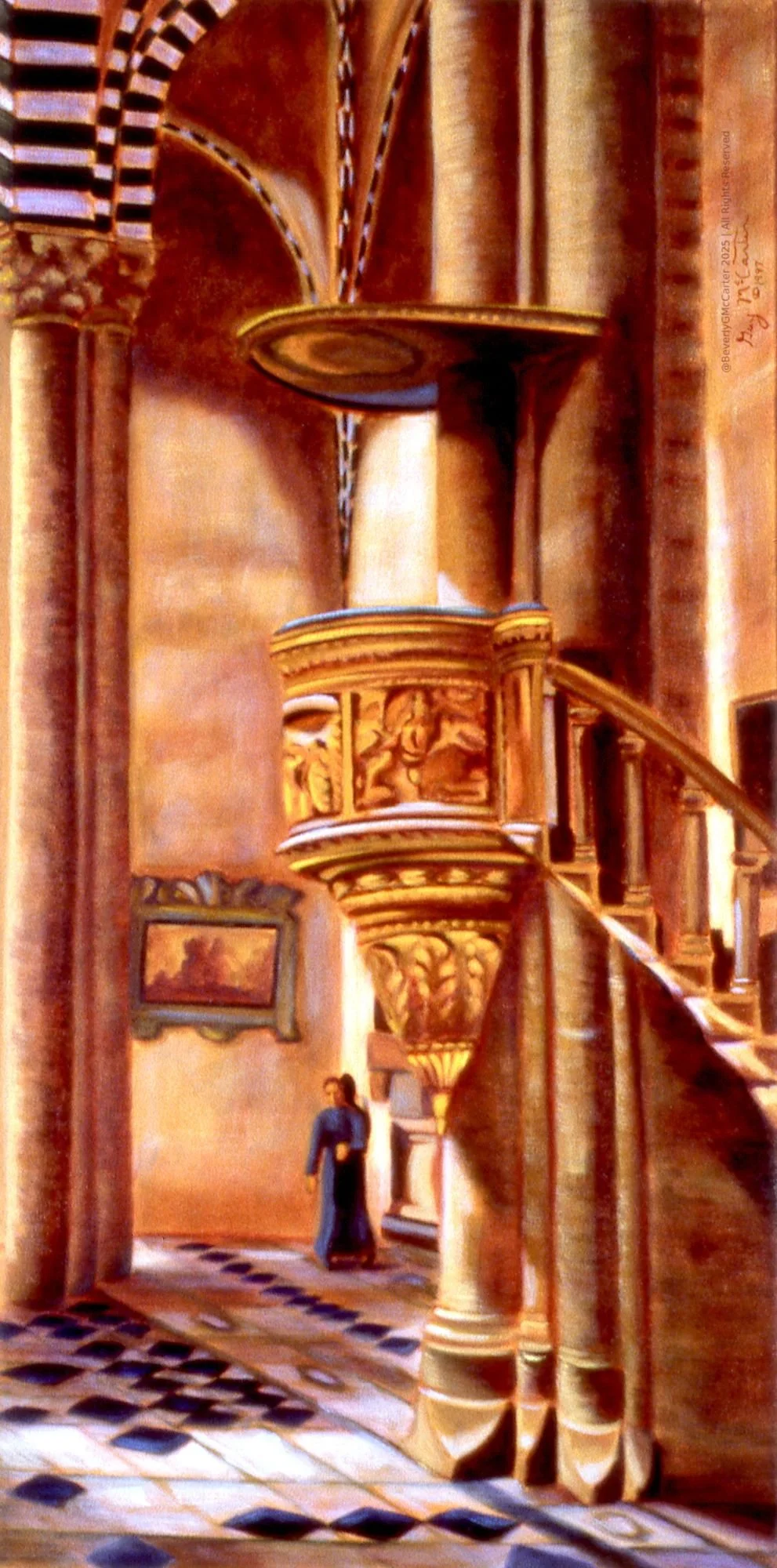 The Ambo oil painting by Beverly G. McCarter, Italian church interior with ornate pulpit and solitary figure, 18x36 inches on canvas.