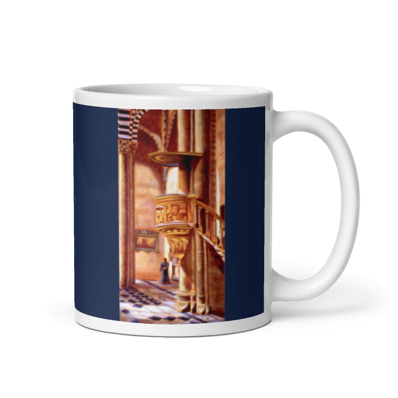 11 oz ceramic mug with The Ambo oil wrap by Beverly G. McCarter, church pulpit and figure on midnight-blue background.