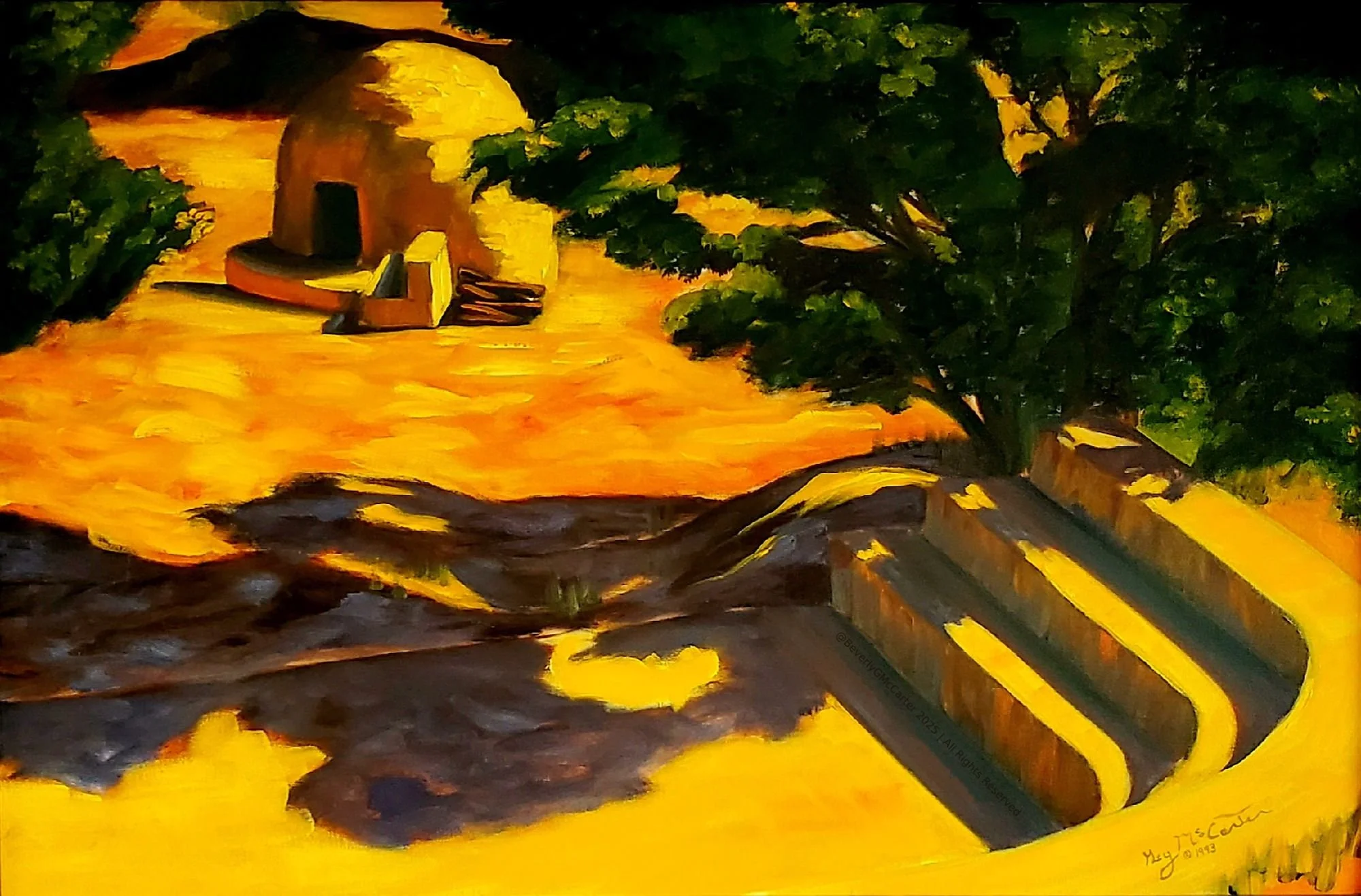 Mergence of Time oil painting by Beverly G. McCarter, Native American clay oven in terraced landscape, blending eras, 40x30 inches on canvas.