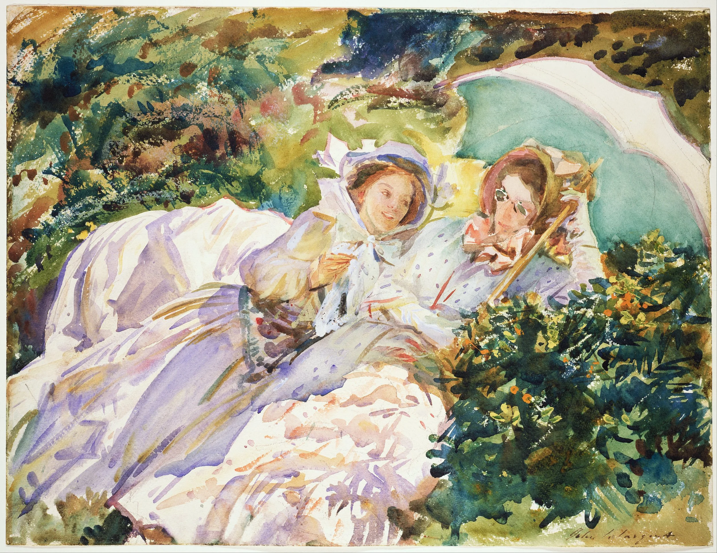 John Singer Sargent watercolor painting Simplon Pass: The Tease, showing two women relaxing under a parasol in a lush garden landscape, fluid brushwork in greens, blues, and warm tones.
