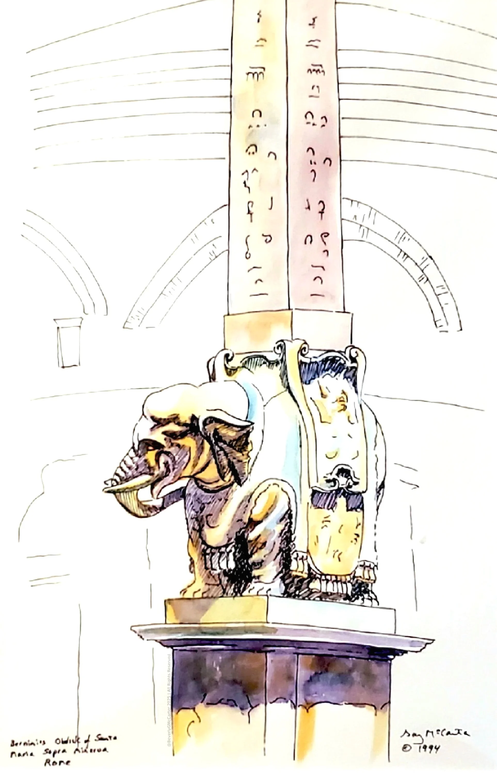 Bernini’s Elephant watercolor sketch by Beverly G. McCarter, depicting resilient elephant statue in Rome's Pantheon parking lot, fusing psychology and stone, 1994, 14x11 inches.