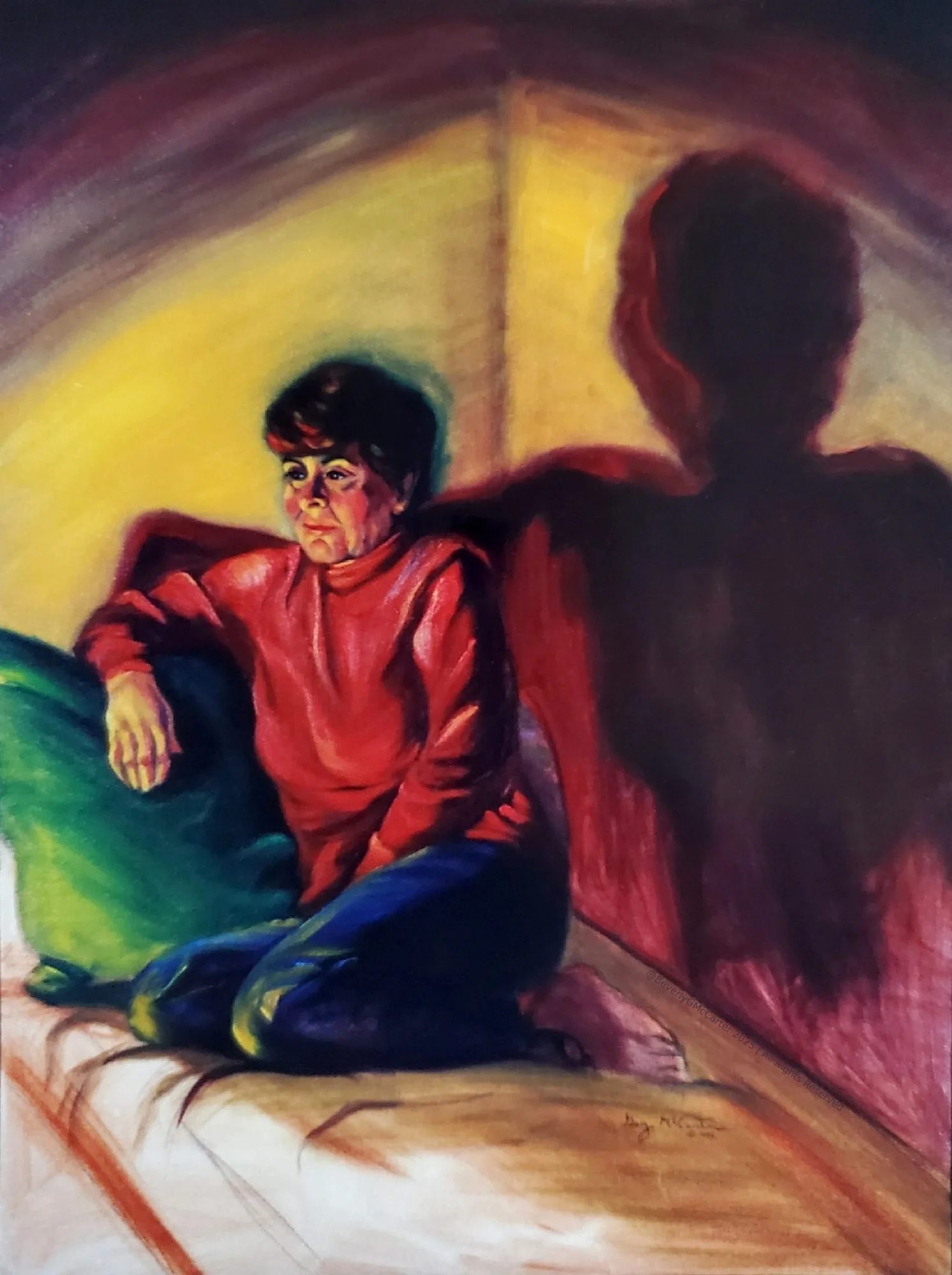 "Haunted" oil painting by Beverly G. McCarter, female figure seated on chaise sofa gazing into nothing in deep thought with looming shadow, evoking inner doubt, 1992, 24x30 inches on canvas.