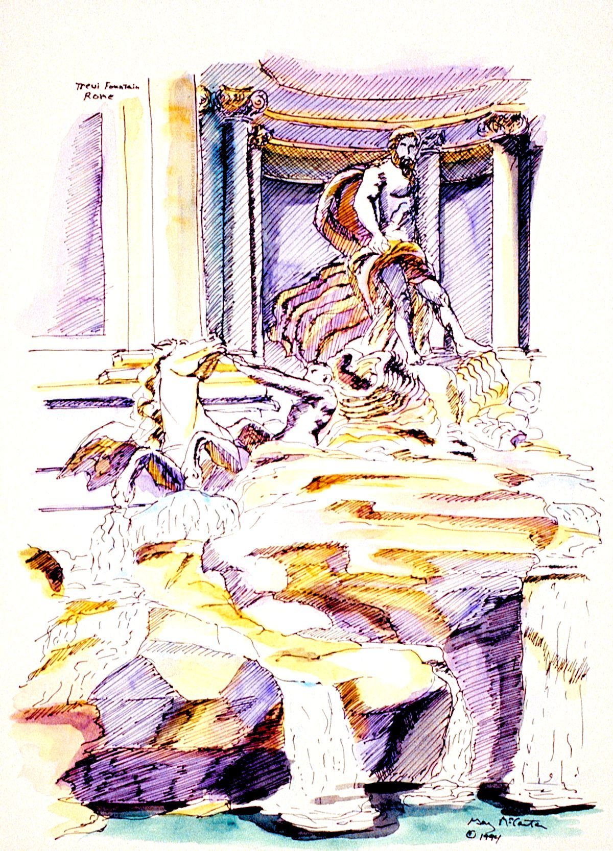 Trevi Fountain watercolor sketch by Beverly G. McCarter, capturing Baroque landmark with Oceanus statue, sea horses, and cascading waters, 1994, 14x11 inches.