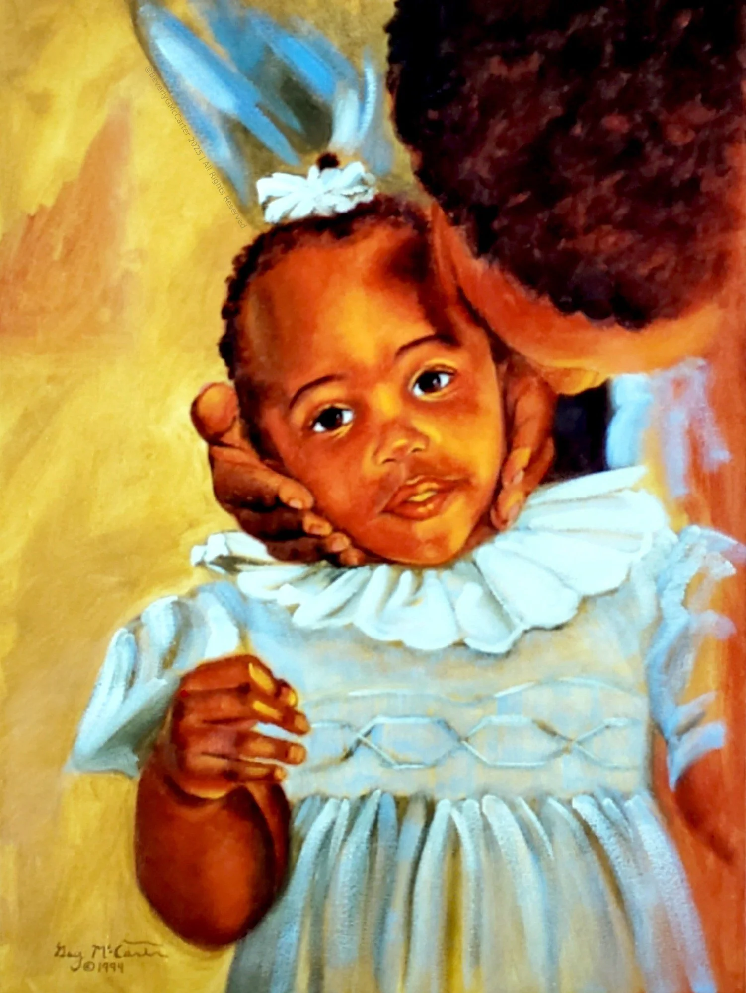 "Mama’s Hands" oil painting by Beverly G. McCarter, child's face cradled by parental hands, evoking nurturing bonds, 24x30 inches on canvas.